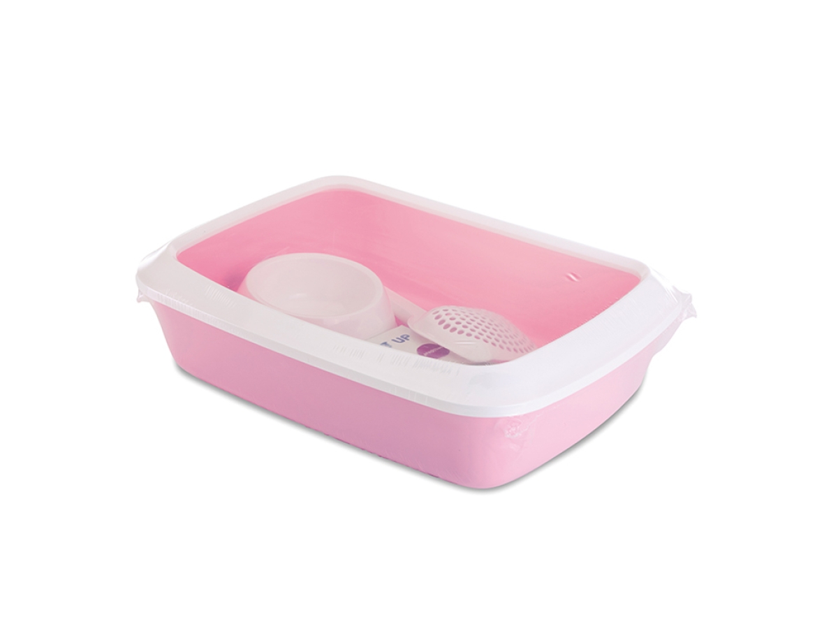 KIT DE INICIO IRIZ BANDEJA DE ARENA PARA GATOS ROSA Y AZUL CLARO